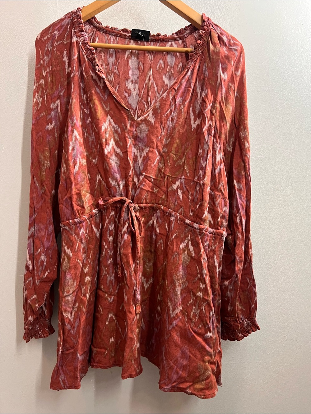 Rust ikat Tie-Waist Long Sleeve Tunic
